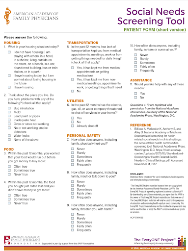 The Social Needs Screening Tool that we utilize in our school-based health centers at Education Plus Health, Inc. 