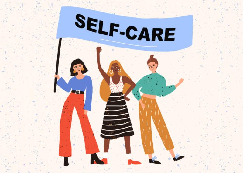A cartoon depicting three people holding a flag with the words "Self-Care" on it.