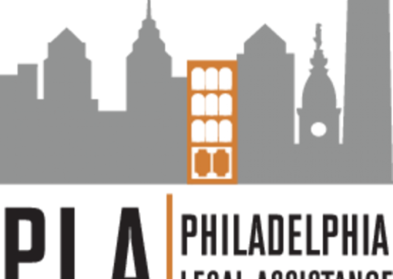 Philadelphia Legal Assistance logo featuring a gray silhouette skyline with an orange building in the middle. Text reads PLA: Philadelphia Legal Assistance