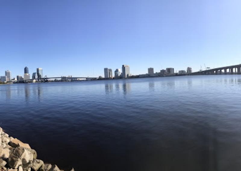 The view from the riverwalk in downtown Jacksonville. the same view the seniors in Carly's walking group get every Wednesday.
