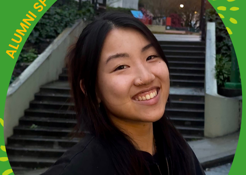 The image is an edited Canva image title Alumni Spotlight. In the middle is a headshot of Vivian Yip smiling at the camera. Below is a caption stating "Vivian Yip, NHC SF 2022-2023".