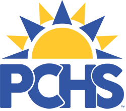 PCHS in blue with a blue and yellow sun on top of the letters
