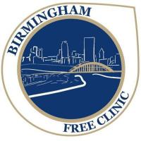 Birmingham Free Clinic written around a circle that is blue and gold; resembles the Pittsburgh skyline and a yellow bridge