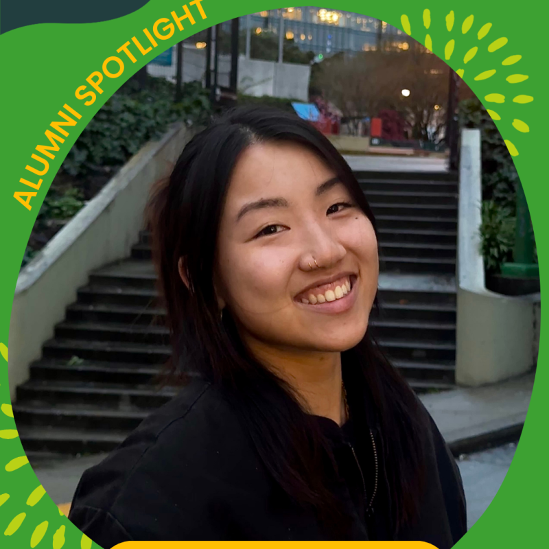 The image is an edited Canva image title Alumni Spotlight. In the middle is a headshot of Vivian Yip smiling at the camera. Below is a caption stating "Vivian Yip, NHC SF 2022-2023".