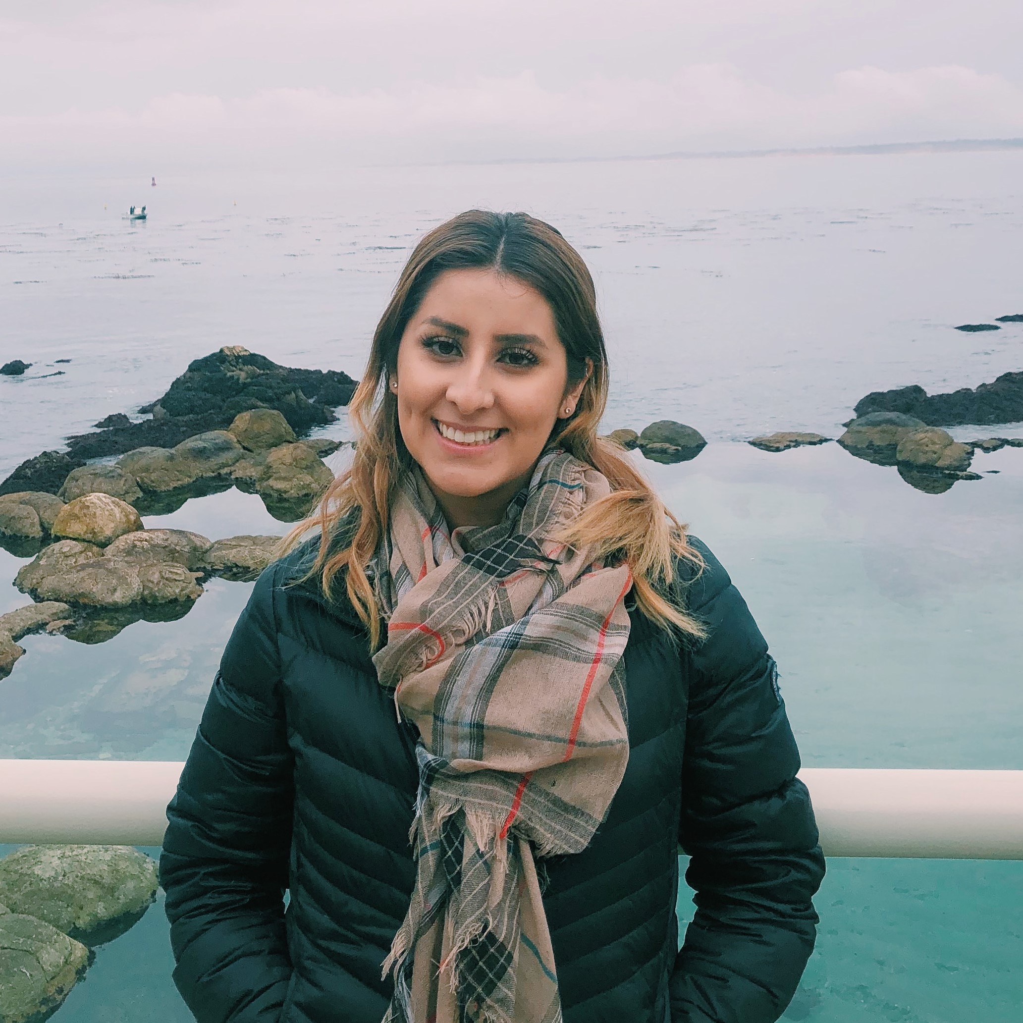 Evelyn De Arcos standing in front of a viewpoint overlooking a foggy ocean, with a few rocks breaking the water's surface.