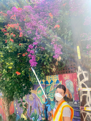 Aurora is turning to face the camera. Behind her is a mural of a hummingbird in flight. Tree and flower foliage are covering the upper-left corner of the mural.