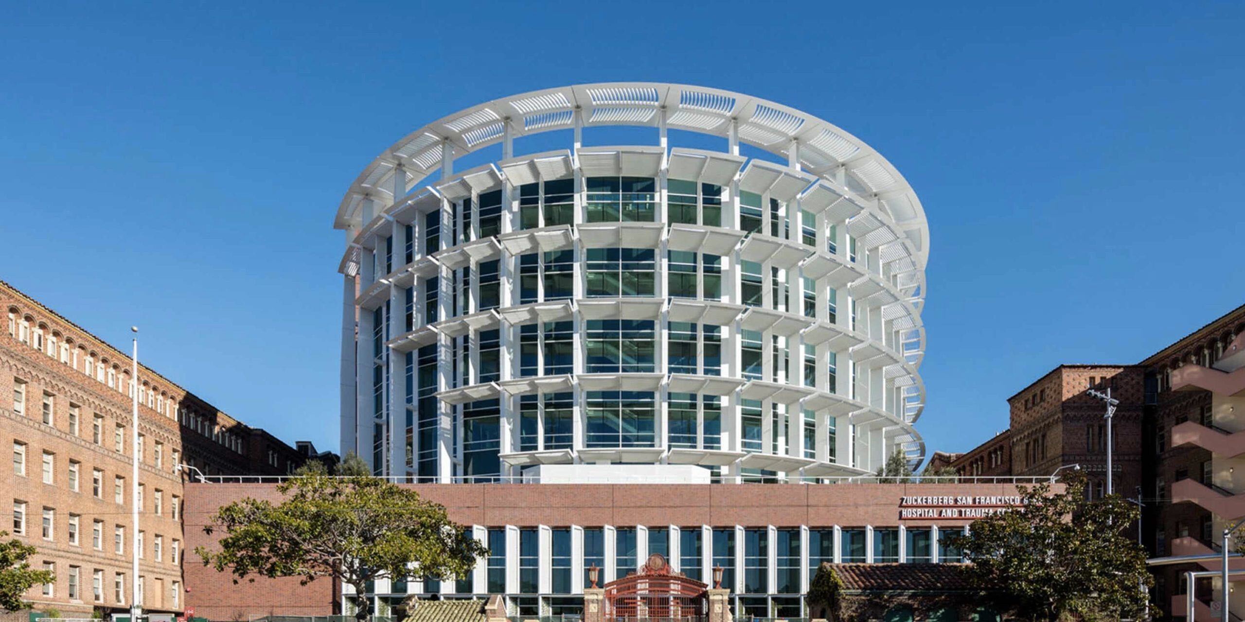 In the center of the frame is the front entrance to Zuckerberg San Francisco General Hospital and Trauma Center.