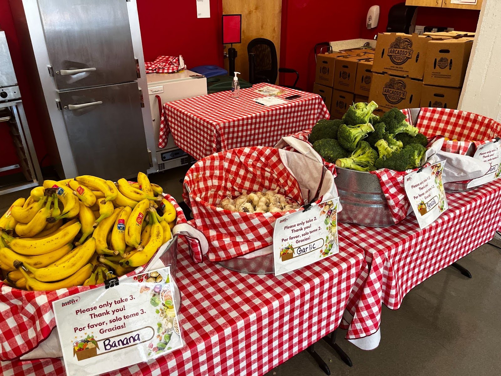 A table is covered with a checkered red and white tablecloth. On top of the table are baskets of fresh produce, including bananas, garlic, broccoli, and onions.