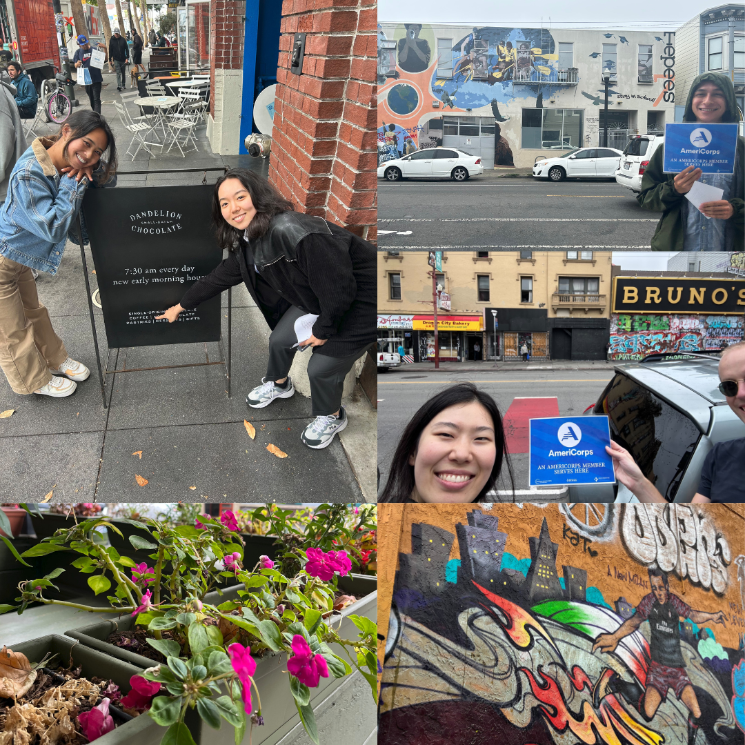 A collage of more members posing with signs for multiple businesses. There is also a photo of flowers at a store and a mural of a soccer player with the San Francisco skyline in the background. 