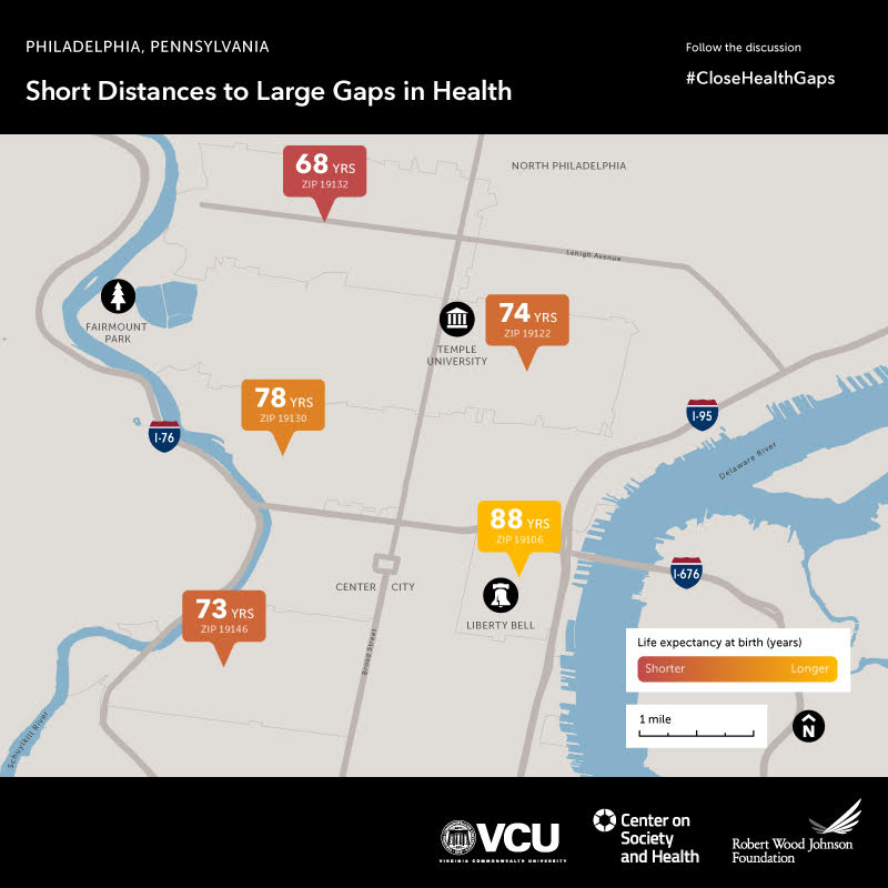 Infographis showing a map of Philadelphia with the life expectancy in selected neighborhoods