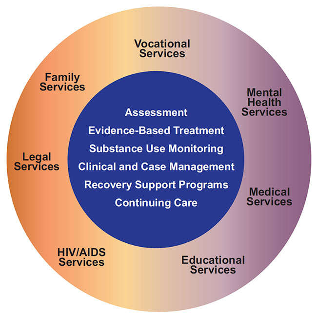 Services that help address the social determinants of addiction. A blue circle surrounded by an orange circle. In the center it reads "Assessment, Evidence Based Treatment, Substance Use Monitoring, Clinical and Case Management, Recovery Support Programs, Continuing Care." The outer circle reads "Vocational Services, Mental Health Services, Medical Services, Educational Services, HIV/AIDS Services, Legal Services, and Family Services"