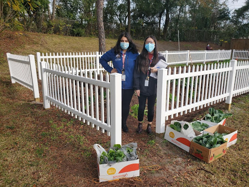 NHC members Roya and Jennifer pose with fresh harvest from the Gateway Recovery Garden after a garden session with Gateway patients.