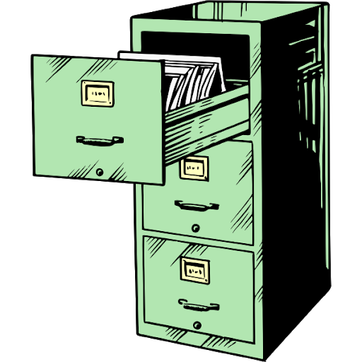 cartoon of green, three-tier filing cabinet depicting papers being organized in the top drawer. 